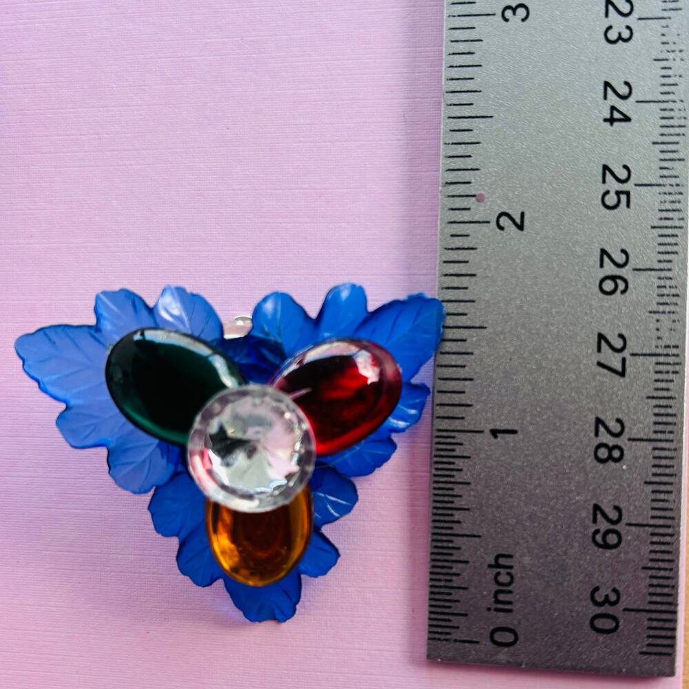 Vintage 1980 Retro Blue Red Orange Jeweled Acrylic Floral Clip On Earrings - Picture 6 of 6